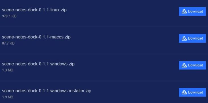 Windowsの場合、scene-notes-dock-0.1.1-windows.zipをダウンロード